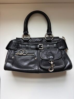 Via Spiga Black Leather Shoulder Handbag with Silver Hardware